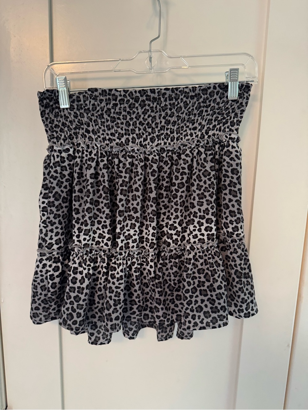 Altar'd State Gray and Black Leopard Smocked Tier Mini Skirt